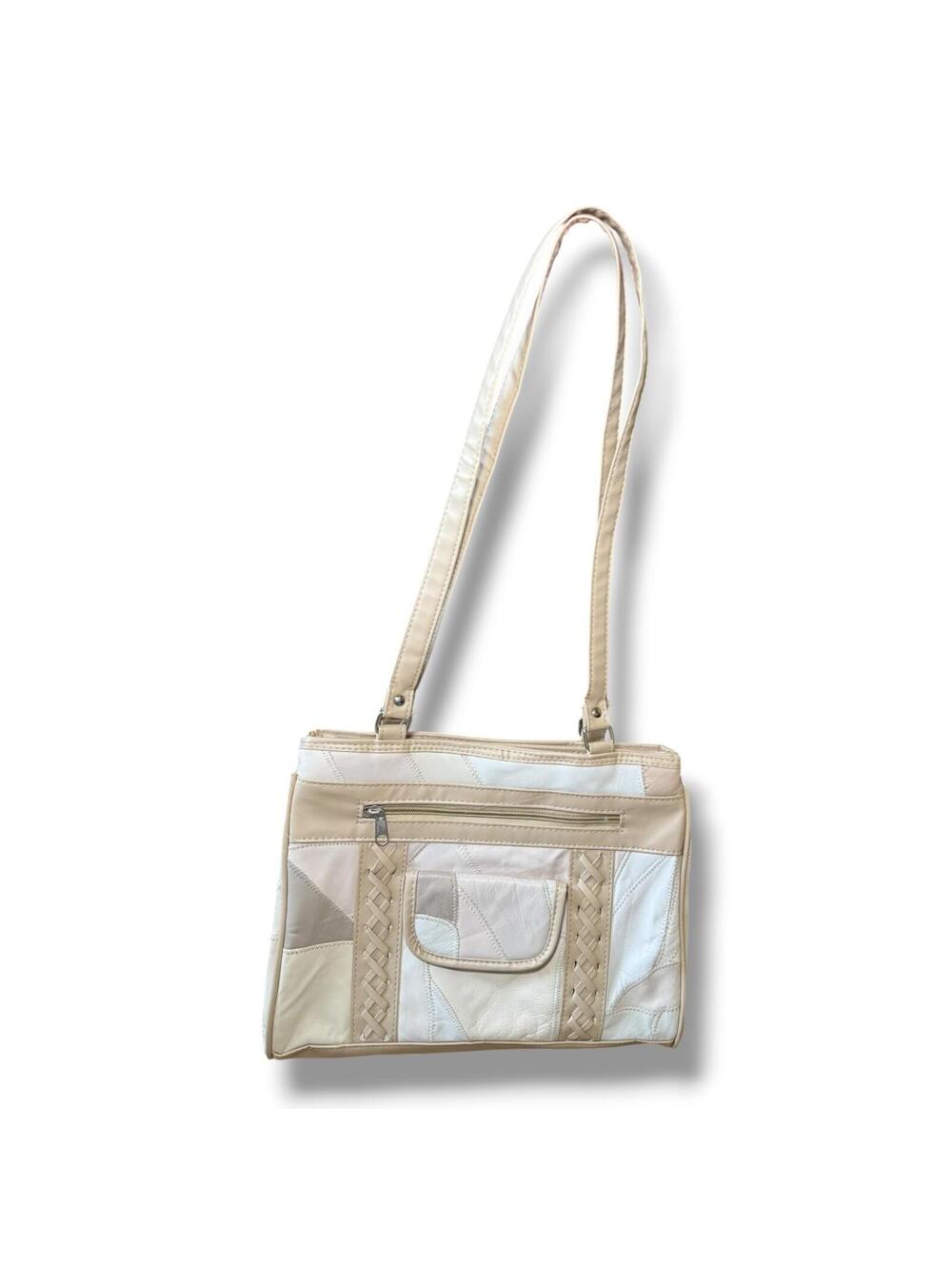 Vintage Patchwork Purse Cream Tan Leather Braided Shoulder Zipper Bag EUC